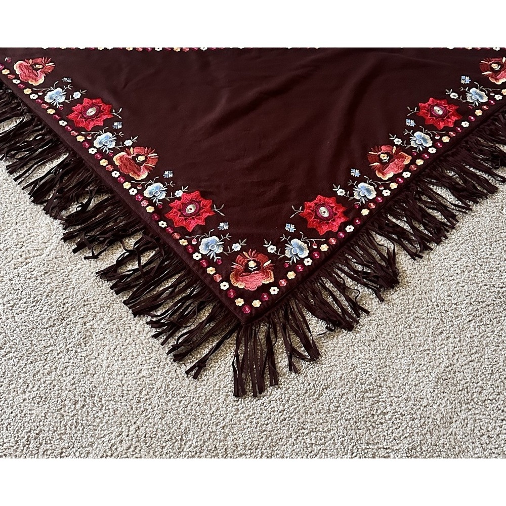 Vintage Embroidered‎ Piano Shawl Cashmere Blend Floral Brown Boho Gypsy Wrap